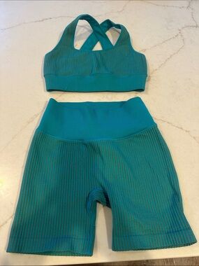 JoyLab Teal Ribbed Cross-Back Sports Bra and High-Waist Biker Shorts Set